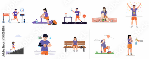 Collection of illustrations depicting the running journey: training, marathon preparation, race day, and post-race recovery, fitness and healthy lifestyle.