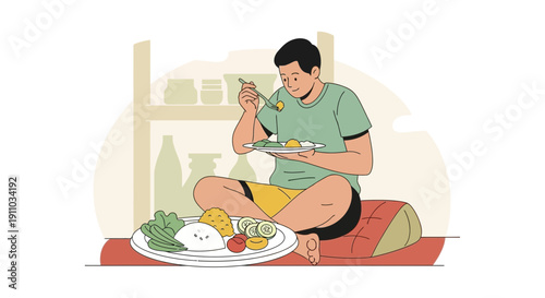 Man Enjoying a Healthy Meal While Sitting Cross-Legged Indoors