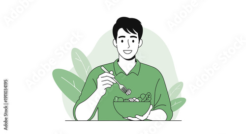Man Enjoying A Fresh Salad In A Modern Minimalist Illustration Style
