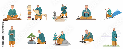 Daily Life of a Buddhist Monk Vector Set: Meditation, Study, Calligraphy, Temple Cleaning, Tea Ceremony, and Spiritual Journey Activities.