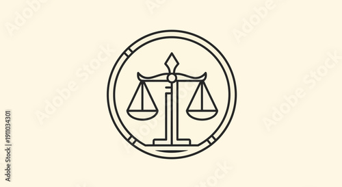 Minimalist Linear Illustration Of Justice Scales Within A Decorative Circular Frame