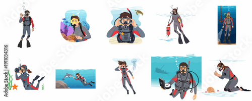 Vector set illustrating divers exploring marine life, wearing diving suits and gear, including underwater photography, navigation, and snorkeling adventures.