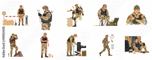 Military soldiers vector set showing diverse daily activities: guard duty, navigation, training, first aid, eating rations, and vehicle maintenance on white background.