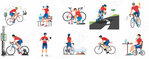 A compilation of everyday cycling activities, including training, racing preparation, repairs, hydration, riding outdoors, and relaxation moments for road bike enthusiasts.