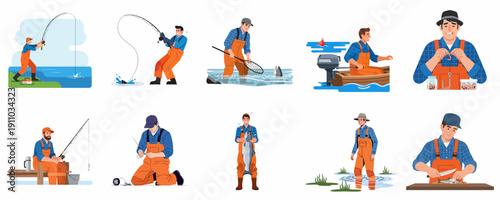 Fisherman Activities Set: Man Casting Rod, Reeling Catch, Netting, Baiting Hook, Boating, and Cleaning Fish in Flat Illustration Collection.