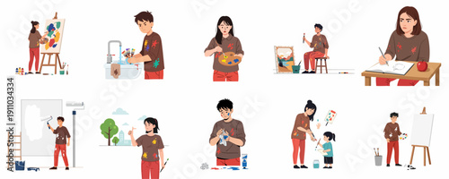 Vector Set of Artists and Their Creative Journey: Painting on Easels, Drawing, Cleaning Brushes, and Embracing the Messy Art Process.