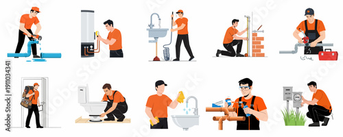 A comprehensive flat design set of professional plumbers performing various installation, repair, and maintenance services, including fixing leaks, unclogging drains, and soldering pipes.