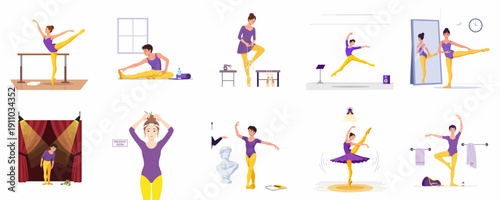 Ballet Dancers Training and Performance Routine Flat Vector Illustration Set.