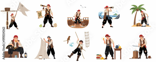 Flat vector illustration set of pirates in various action poses, performing daily ship duties, searching for treasure, and navigating the sea.