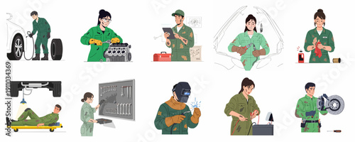 Auto repair service illustrations featuring male and female mechanics performing car maintenance, engine diagnostics, welding, and vehicle inspection tasks.