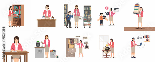 Daily routines and professional duties of a female librarian: shelving books, aiding students, circulation desk management, research, and documentation tasks.