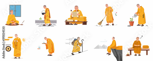 Buddhist Monk Daily Routine and Spiritual Life Vector Set, depicting meditation, study, service, pilgrimage, and daily chores in flat illustration style.