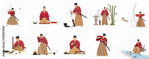 Daily Disciplines of a Samurai: Warrior performing sword practice, meditation, archery, calligraphy, and traditional cultural activities in various poses.