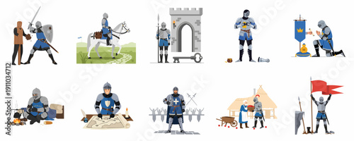 Medieval Knight Life and Duties Vector Set: Battles, Horseback Riding, Castle Guarding, Strategy, Fealty, and Daily Adventures.