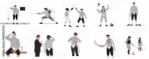 Dynamic vector set illustrating fencers in various actions: competition, attack, defense, victory celebration, coaching, and equipment preparation.