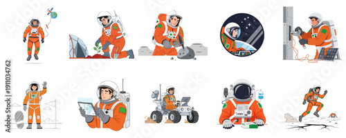 Vector set of astronauts engaged in space exploration, including planting, mining, driving a rover, maintenance, and piloting a futuristic mission.
