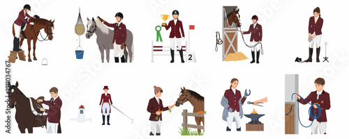 Detailed vector set illustrating key equestrian activities: horse care, grooming, tacking up, feeding, stable work, farrier tasks, and competitive show jumping and dressage.
