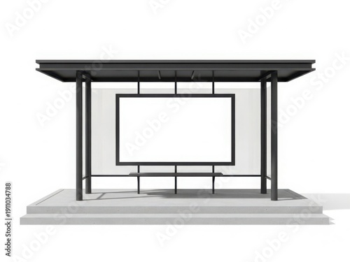 Modern outdoor shelter with rectangular frame and seating