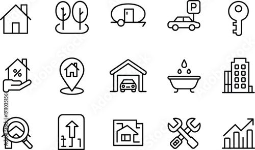 Linear vector icon set for real estate and property management featuring house listings garage parking mortgage rates apartment buildings and home maintenance repair symbols
