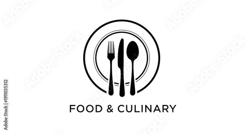 Minimalist Restaurant Logo Featuring Silverware on a Plate and Culinary Design