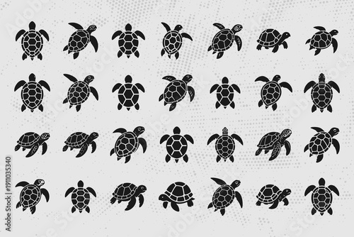 Black turtle silhouettes on gray background with white outlines