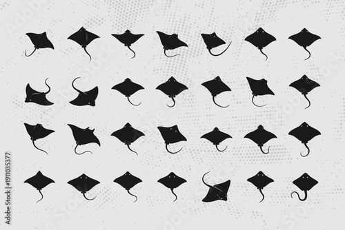 Collection of black stingray silhouettes on dotted background