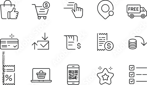 Linear vector icon set for e-commerce and online shopping featuring digital receipts free delivery trucks secure payments shopping carts and retail transaction symbols