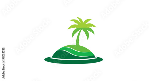 Minimalistic Island With Palm Tree On Green Hill Modern Logo In Vibrant Tones