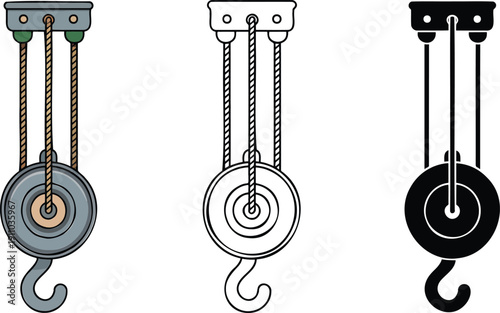 Pulley system silhouette & Outline and illustration set isolated on transparent background