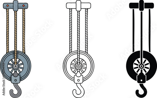 Pulley system silhouette & Outline and illustration set isolated on transparent background