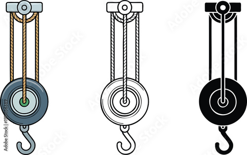 Pulley system silhouette & Outline and illustration set isolated on transparent background