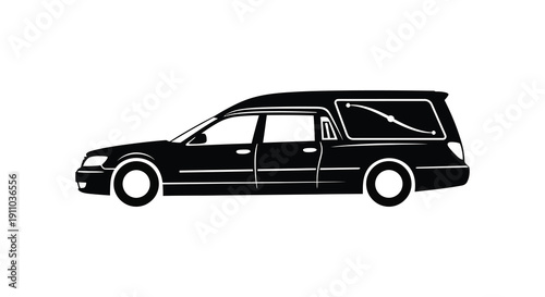A stark black silhouette depicts a hearse a vehicle traditionally used for carrying a casket at funerals