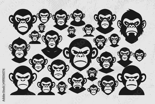 Canvas Print Collection of angry monkey faces in black and white