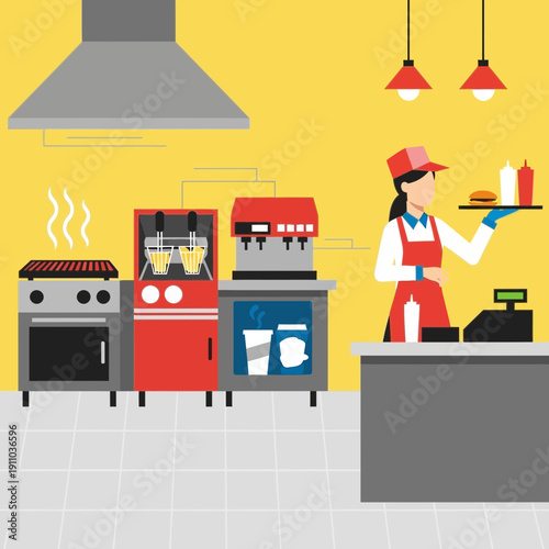 A person serves food behind a counter in a restaurant kitchen.