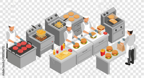 Chefs prepare burgers and fries in a commercial kitchen.