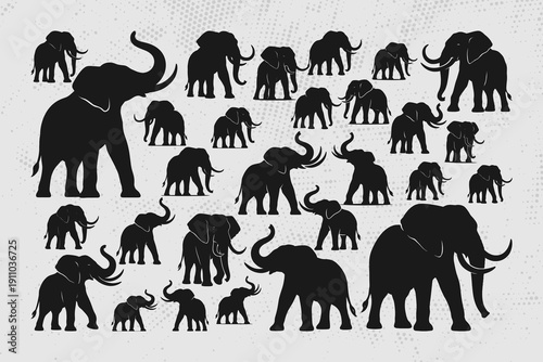 Collection of elephant silhouettes in various poses and sizes