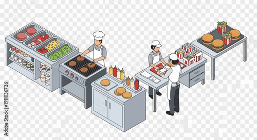 Chefs prepare food in a commercial kitchen with equipment and ingredients.