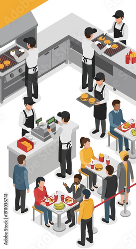 People dining and working in a busy restaurant kitchen and dining area.