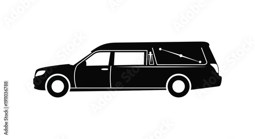 A stark black silhouette depicts a hearse a vehicle traditionally used for carrying a casket against white