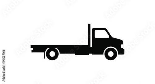A simple black silhouette depicts a flatbed truck showcasing its cab and open cargo area high quality professional