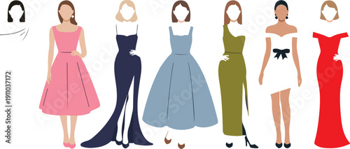 Evening Fashion Outline Icon Set  Elegant Women in Cocktail Dresses