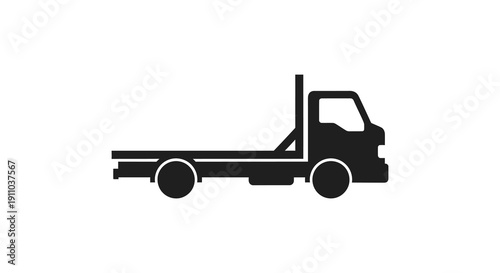 A simplistic black silhouette depicts a flatbed truck seen from a side profile showcasing its design high quality