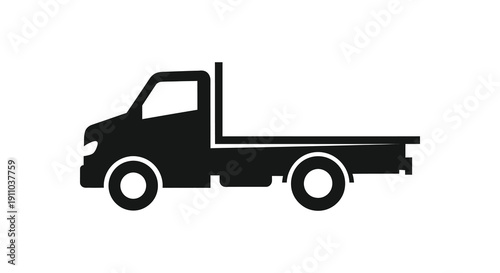 A simple black silhouette depicts a flatbed truck viewed from the side showcasing its cargo area high quality