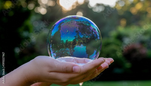 A toddler's hand holding a vibrant iridescent soap bubble in a sunny backyard with lush greenery and a shallow depth of field, conveying a sense of childhood innocence and joyful discovery.