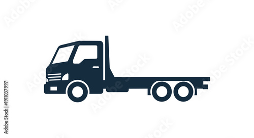 A simple dark blue silhouette depicts a commercial truck viewed from its side showcasing its cab and chassis