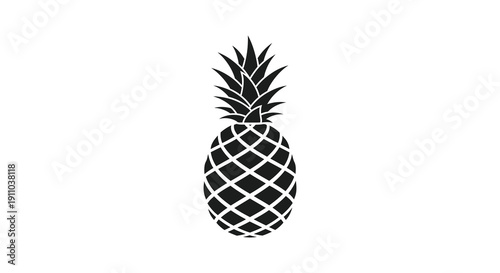 A striking black and white silhouette depicts a whole pineapple with detailed scale like texture and spiky crown high quality professional
