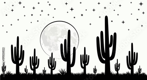 Desert Night Silhouette with Cacti and Full Moon