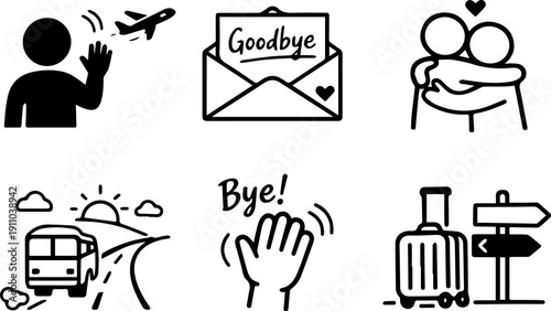 Farewell and goodbye travel icon set
