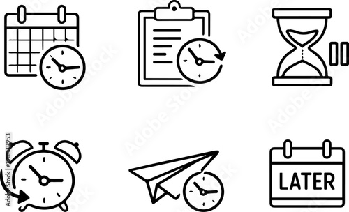 Time management and delay icon set
