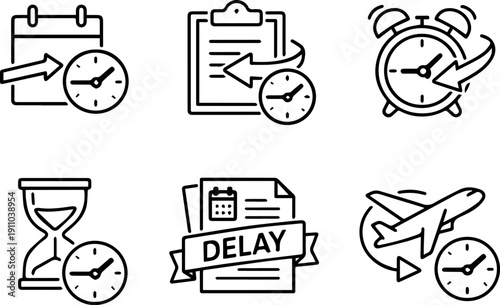 Time management and schedule delay icon set
